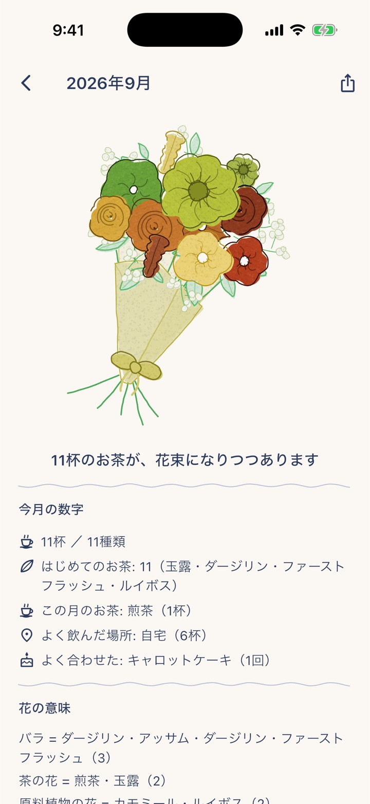 2026年9月のブーケ画面。11杯のお茶が一杯一輪の花束になり、9月の色（すすきの穂）の包み紙とリボンで束ねられている。下に今月の数字（11杯／11種類・はじめてのお茶・この月のお茶は煎茶）